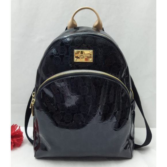 Michael Kors Black Patent Leather Zip Around Front Pocket Top Handle Backpack - Picture 1 of 16